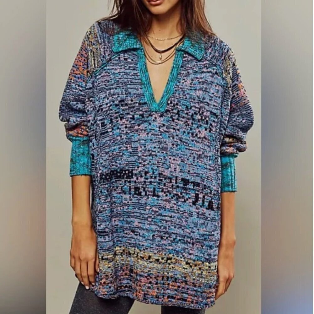 Free People Small Seasons of Sun Tunic Sweater Multi-Color Bohemian Collar Ombre